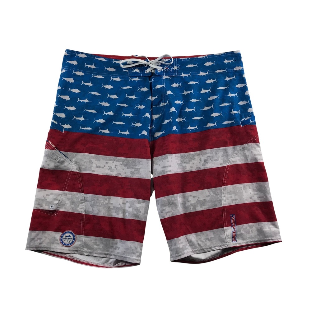 Pelagic Mens 40 Sharkskin Boardshorts American Flag Fish Camo Fishing Shorts RWB